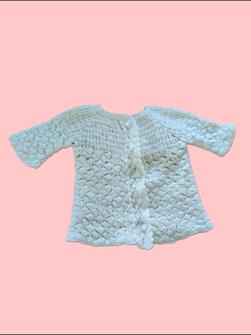50s Vintage Handmade 100% Wool White Baby Sweater Glo Knit Made in Japan